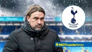Daniel Farke looking miserable in the rain at Leeds United's Elland road Stadium, tottenham badge in inset.