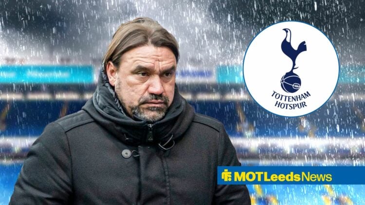 Daniel Farke looking miserable in the rain at Leeds United's Elland road Stadium, tottenham badge in inset.