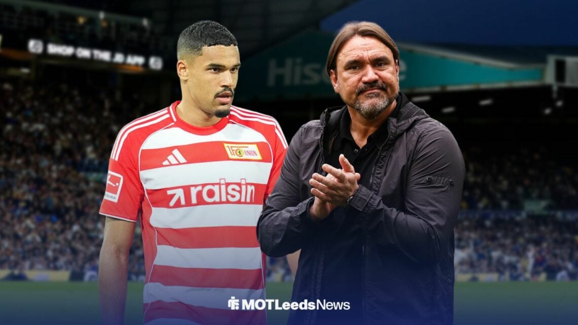 Danilho Doekhi and Leeds United boss Daniel Farke clapping with Elland Road in background.