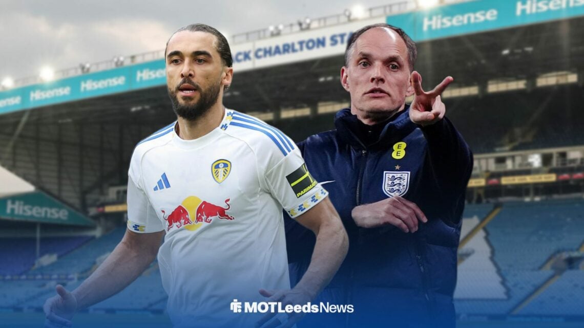 Dominic Calvert-Lewin and Thomas Tuchel with Elland Road in background.