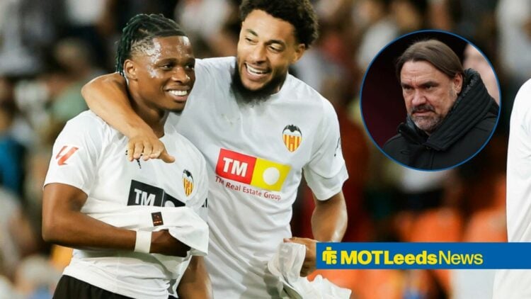 Largie Ramazani smiling in a Valencia shirt with Leeds United boss Daniel Farke looking at him.