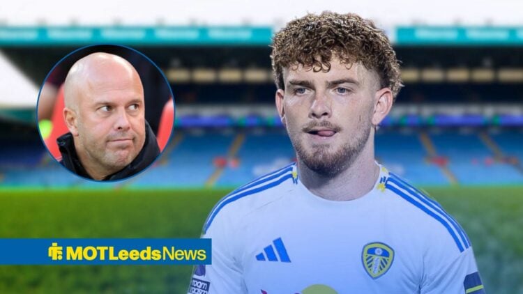 Harvey Elliott in a Leeds United shirt, former Liverpool boss Arne Slot looking miserable.
