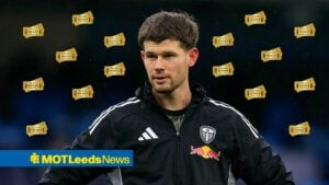 Leeds United goalkeeper Illan Meslier surrounded by golden tickets.