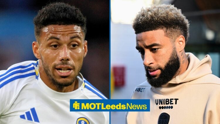 Split image of Leeds United defender James Justin and Jayden Bogle