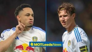 Split image of Leeds United forward Noah Okafor and Brenden Aaronson