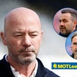 Alan Shearer as main image with Tottenham boss Roberto De Zerbi and Leeds United manager Daniel Farke in circular insets on the right