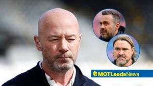 Alan Shearer as main image with Tottenham boss Roberto De Zerbi and Leeds United manager Daniel Farke in circular insets on the right