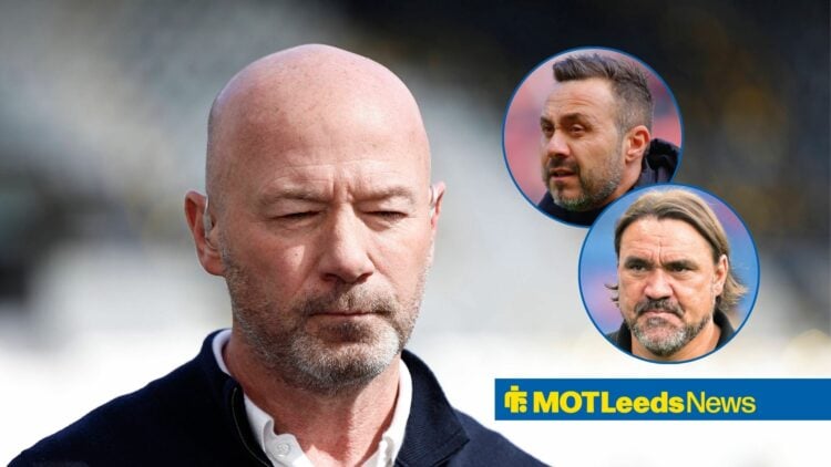 Alan Shearer as main image with Tottenham boss Roberto De Zerbi and Leeds United manager Daniel Farke in circular insets on the right