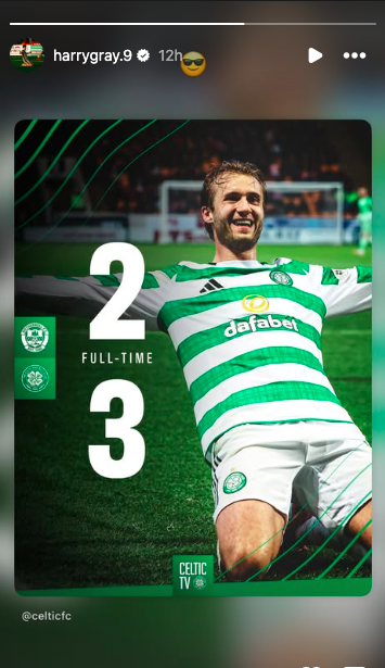 Leeds United star Harry Gray's story celebrating Celtic's win.