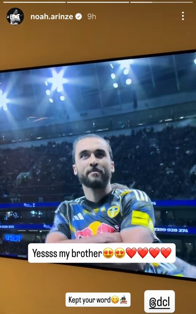 Noah Okafor Instagram story post reacting to Dominic Calvert-Lewin using his celebration in Tottenham vs Leeds
