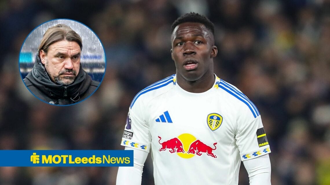 Wilfried Gnonto Of Leeds United during the Leeds United v Crystal Palace Premier League match, Daniel Farke looking miserable.