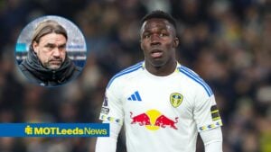 Wilfried Gnonto Of Leeds United during the Leeds United v Crystal Palace Premier League match, Daniel Farke looking miserable.