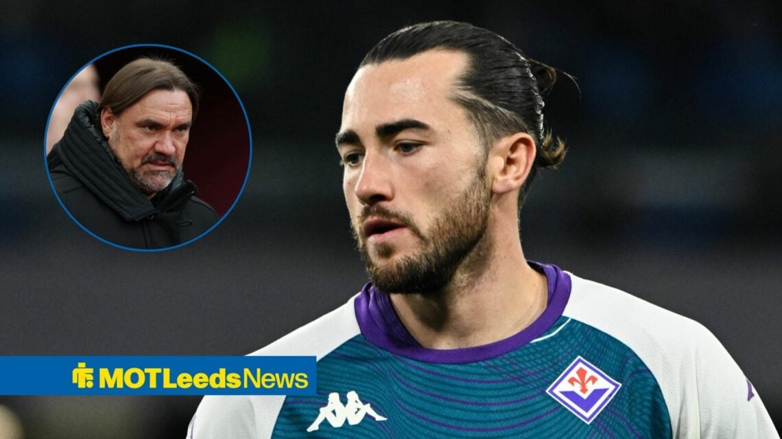 Leeds United manager Daniel Farke looking in the direction of Jack Harrison.