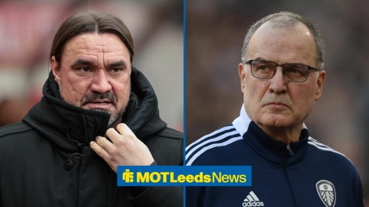 Daniel Farke, the Leeds United manager looking at Marcelo Bielsa, the Uruguay national team head coach.