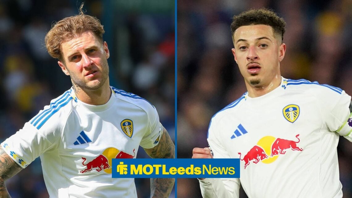Leeds United duo Ethan Ampadu and Joe Rodon looking at each other.