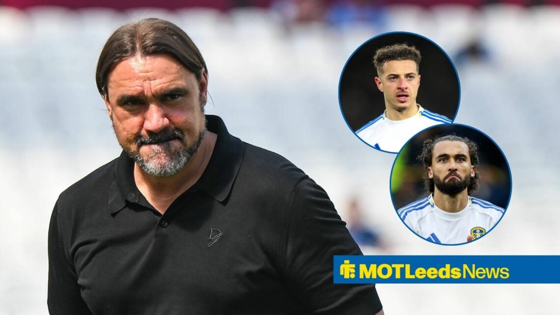 Daniel Farke looking towards circular frames inset of Dominic Calvert-Lewin and Ethan Ampadu
