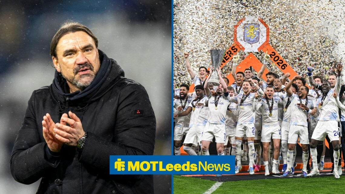 A 50-50 split image of Daniel Farke, and Aston Villa celebrating the Europa League.