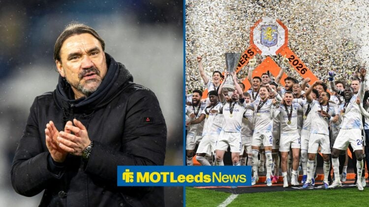 A 50-50 split image of Daniel Farke, and Aston Villa celebrating the Europa League.
