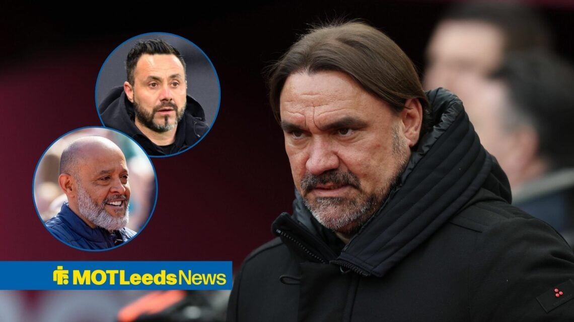 Daniel Farke, looking towards a circular frame inset of Roberto De Zerbi and Nuno Espirito Santo