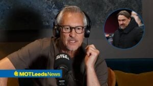 Gary Lineker on The Rest is Football podcast with a circular inset of Daniel Farke.