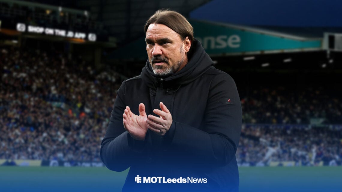 Daniel Farke applauds, with Elland Road behind him