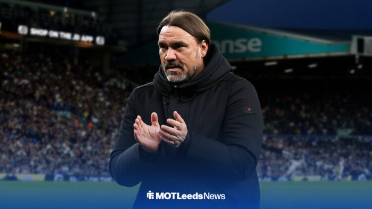 Daniel Farke applauds, with Elland Road behind him
