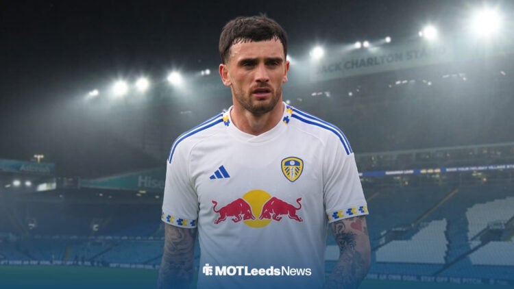 Troy Parrott in Leeds United home kit with Elland Road in the background