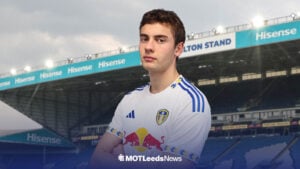 Sverre Sandal in a Leeds United shirt in front of Elland Road.