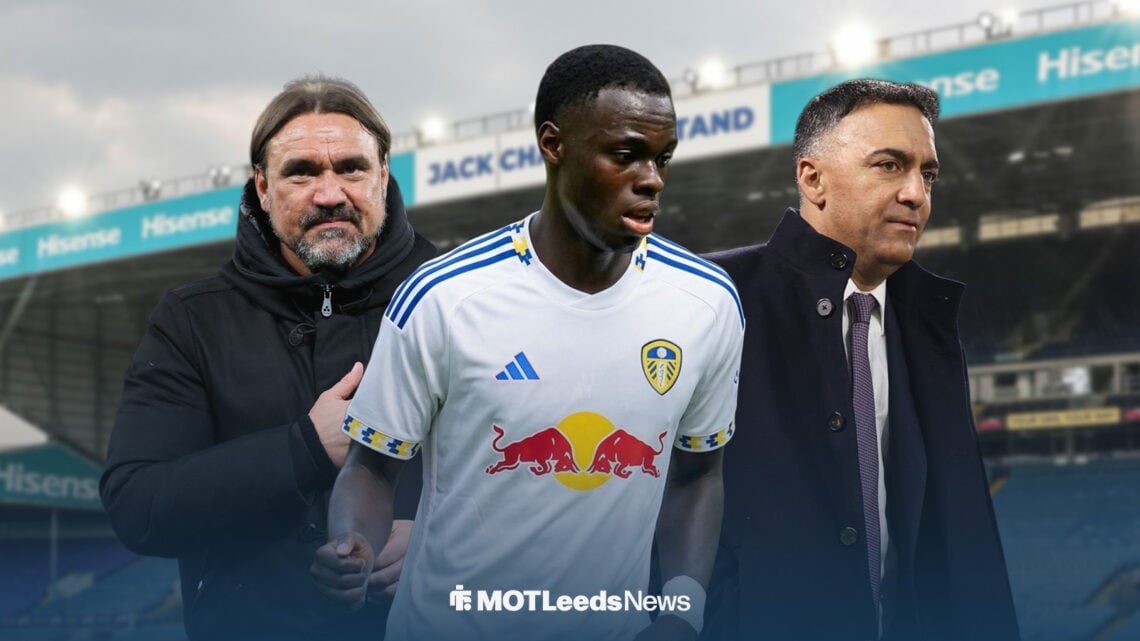 Kofi Amoako at Elland Road in a Leeds kit with Daniel Farke and Paraag Marathe behind him