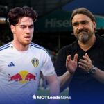 Hayden Hackney in action for Leeds United with Daniel Farke clapping beside him at Elland Road