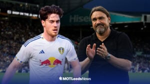 Hayden Hackney in action for Leeds United with Daniel Farke clapping beside him at Elland Road