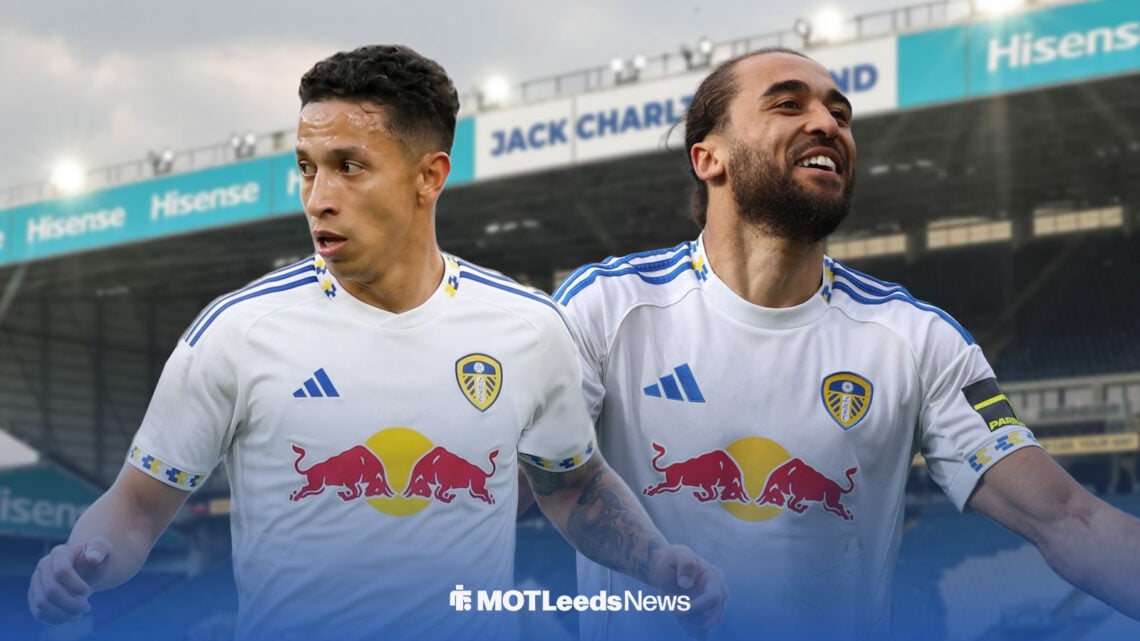 Mauro Junior in a Leeds kit at Elland Road with Dominic Calvert-Lewin beside him