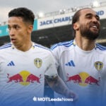 Mauro Junior in a Leeds kit at Elland Road with Dominic Calvert-Lewin beside him
