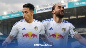Mauro Junior in a Leeds kit at Elland Road with Dominic Calvert-Lewin beside him