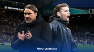 Daniel Farke and Fabian Hürzeler in front of an Elland Road background.