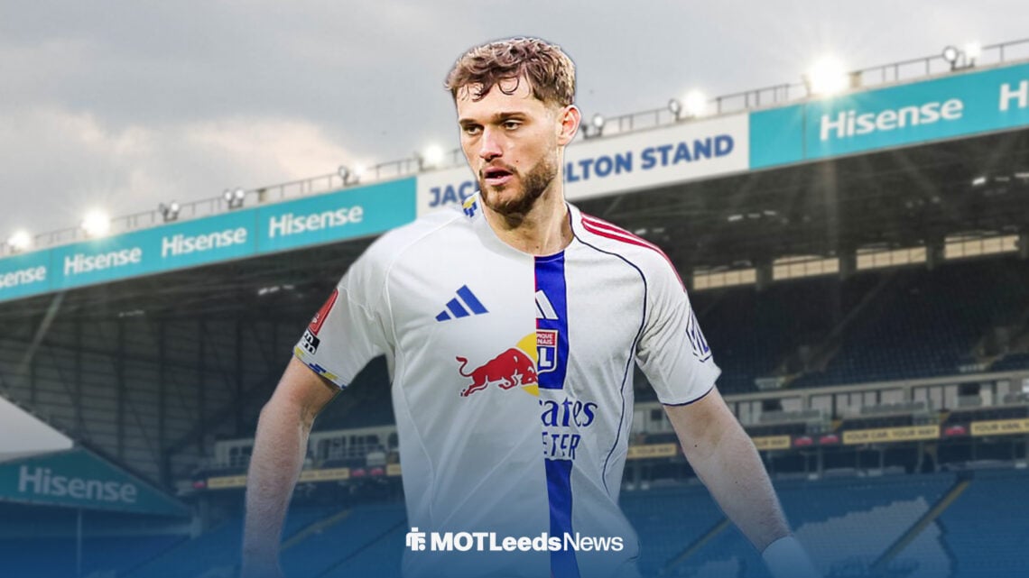 Tanner Tessmann in half-and-half Leeds United and Olympique Lyon kit with Elland Road in the background