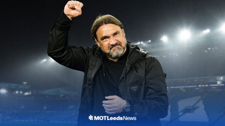 Daniel Farke fist pumps, with Elland Road behind him