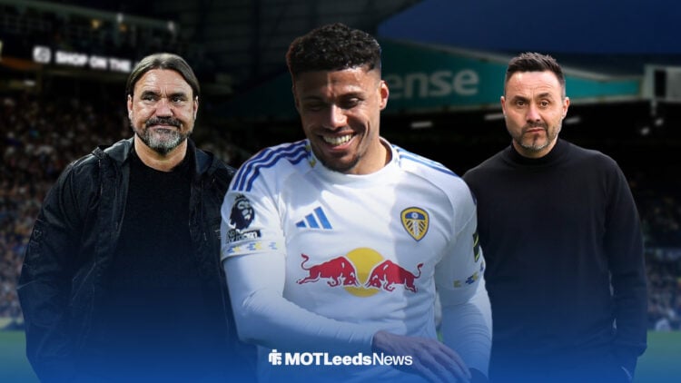 James Justin smiling, with Daniel Farke and Roberto De Zerbi either side and Elland Road in the background