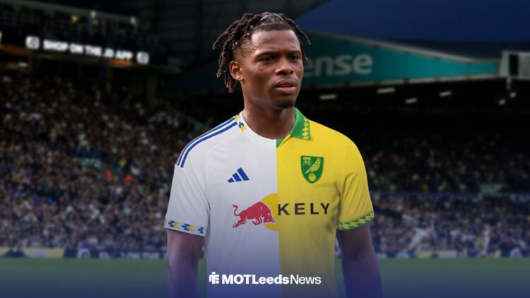 Largie Ramazani in a 50-50 Leeds and Norwich shirt