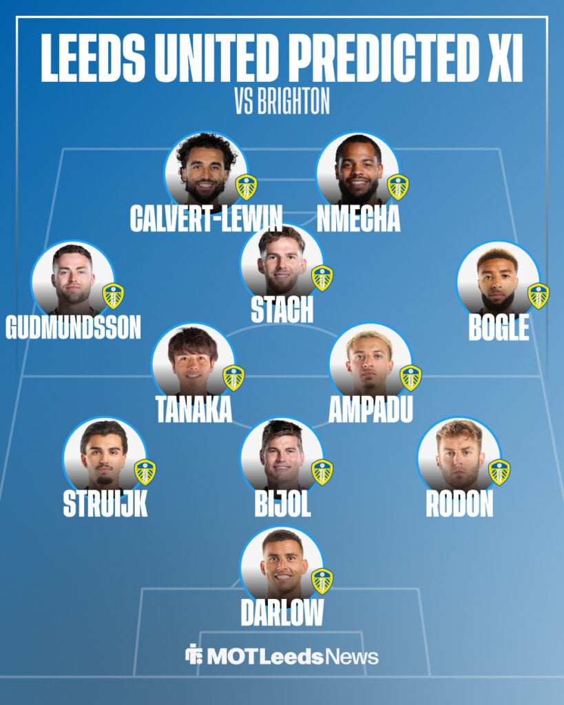 A graphic detailing the predicted Leeds XI vs Brighton.