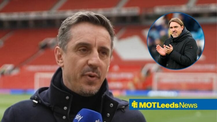 Gary Neville working as a pundit at Old Trafford, with Daniel Farke in a circular frame inset