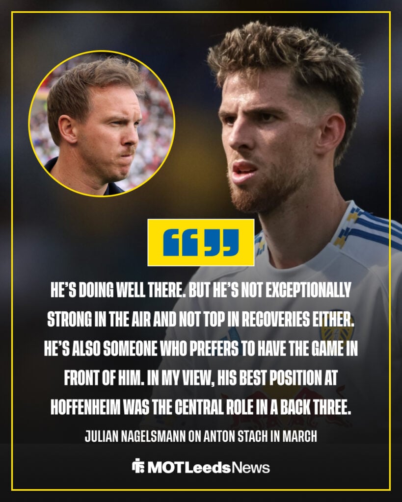 A graphic detailing Julian Nagelsmann's quotes on Anton Stach in March 2026.