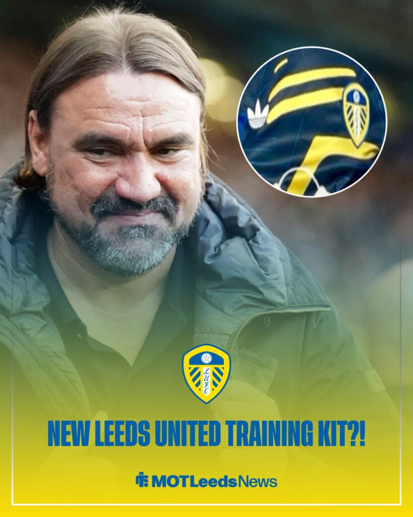Daniel Farke smiling with graphic of possible new Leeds training kit