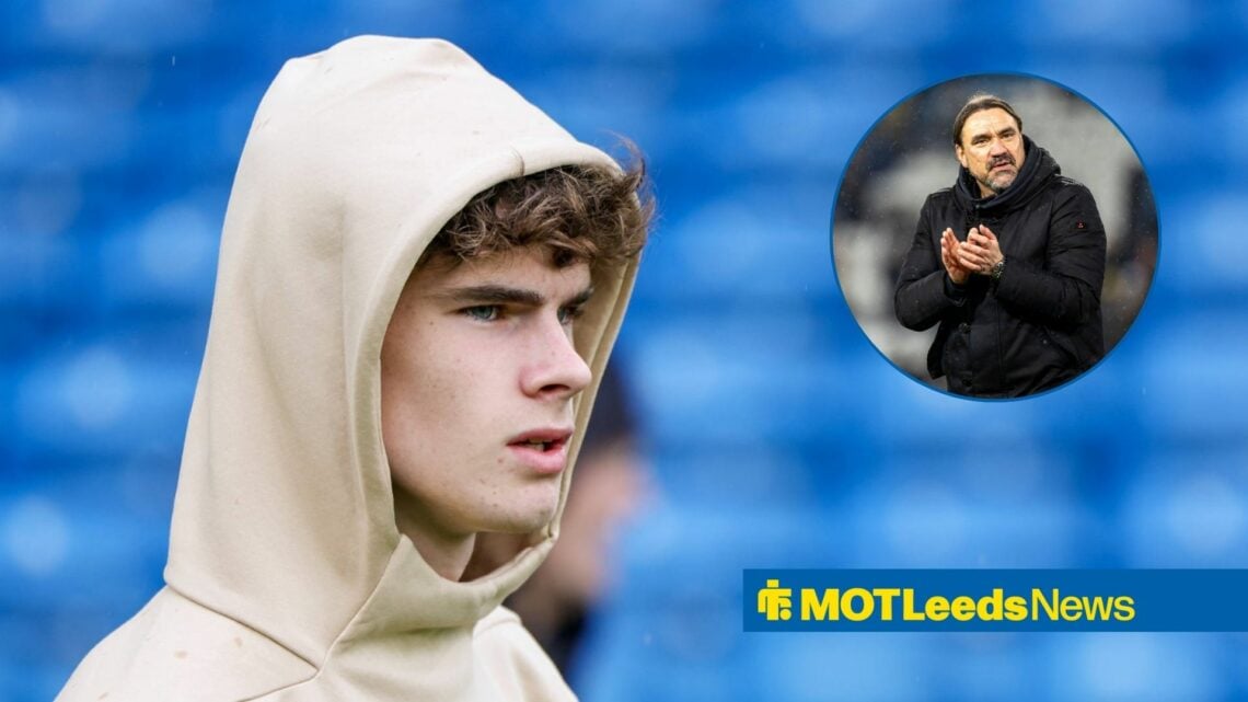 Leeds United gem Harry Gray in pre-match warm up, Daniel Farke clapping in inset.